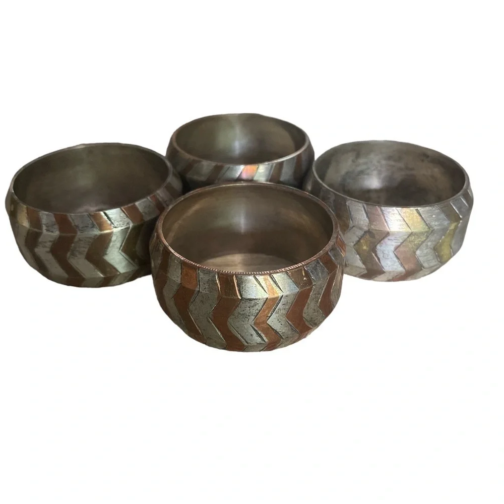 Vintage Gold and Silver Metal Geometric Pattern Set of 4 Napkin Rings